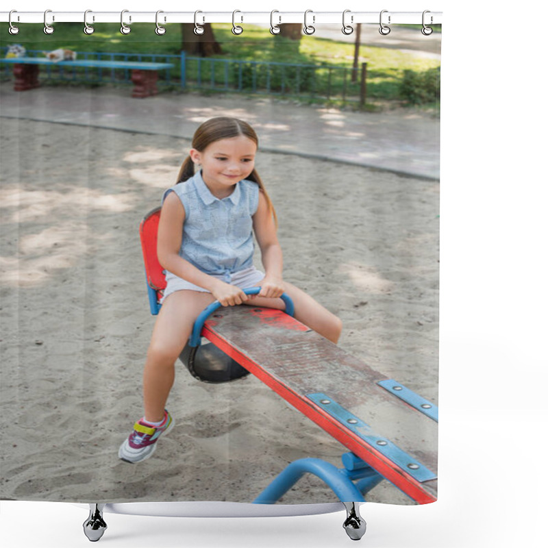 Personality  Smiling Girl In Shorts Riding Seesaw In Summer Park Shower Curtains