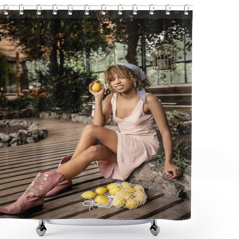 Personality  Cheerful Young African American Woman In Summer Dress And Headscarf Holding Ripe Lemon And Looking At Camera Near Mesh Bag In Blurred Orangery, Chic Woman In Tropical Garden, Summer Concept Shower Curtains