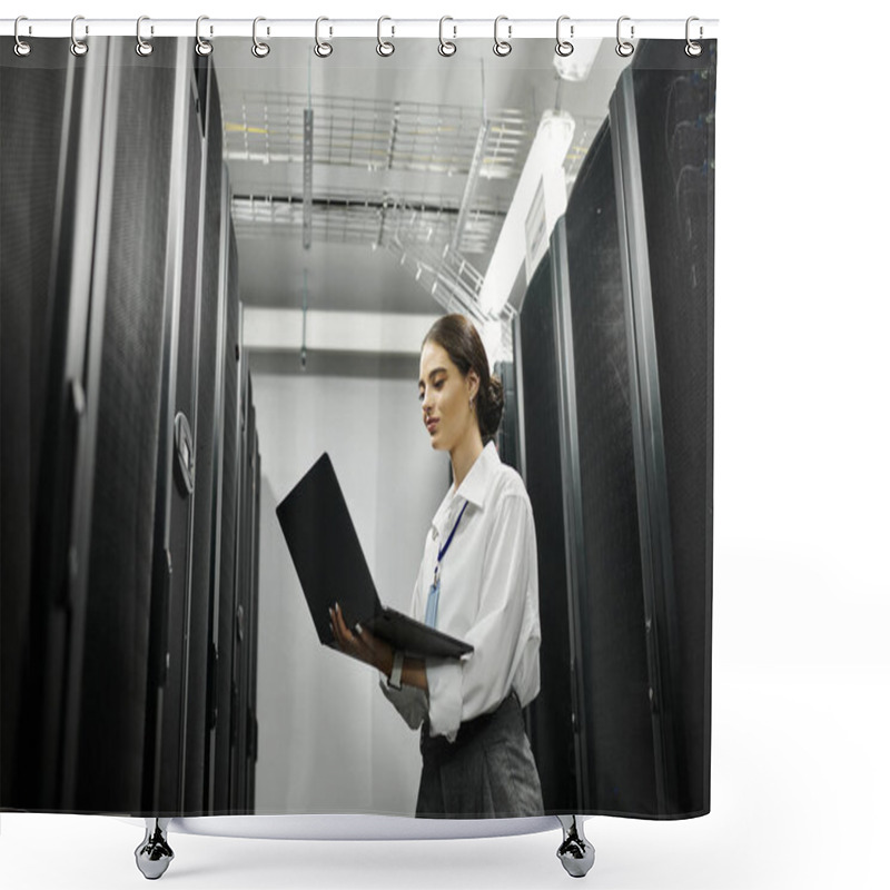 Personality  Woman In A White Shirt Works Diligently In A Modern Server Room, Handling Computer Systems. Shower Curtains