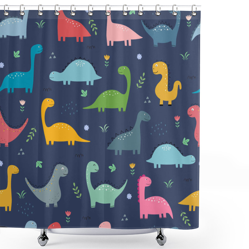 Personality  Dinosaurs And Flowers Seamless Pattern Cute Cartoon Animal Background Hand-drawn In Kids Style For Print, Wallpaper, Decorative, Fabric, Textile. Vector Illustration Shower Curtains