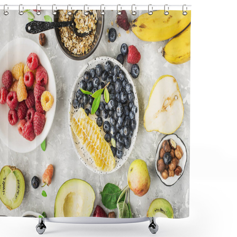 Personality  Ingredients Of Healthy Breakfast: Granola, Cereal, Nuts, Berries, Fruits, Avocados, Raspberries, Blueberries, Honey Comb, Pears Apples Kiwi Banana Full Of Fiber And Vitamins Top View Shower Curtains