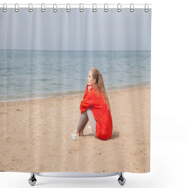 Personality  A Woman Sits At A Deserted Sandy Beach Looking At Sea Shower Curtains