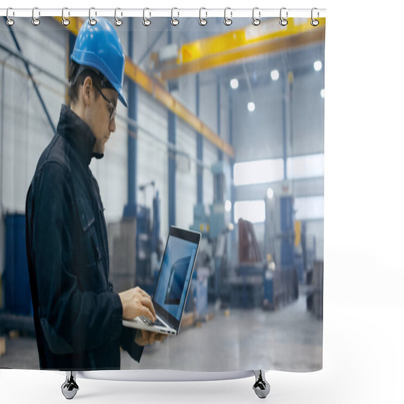 Personality  Factory Worker In A Hard Hat Is Using A Laptop Computer With An  Shower Curtains