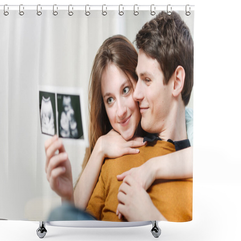 Personality  Beautiful Couple Watching With Emotion Ultrasound Pictures Of Their Baby Shower Curtains