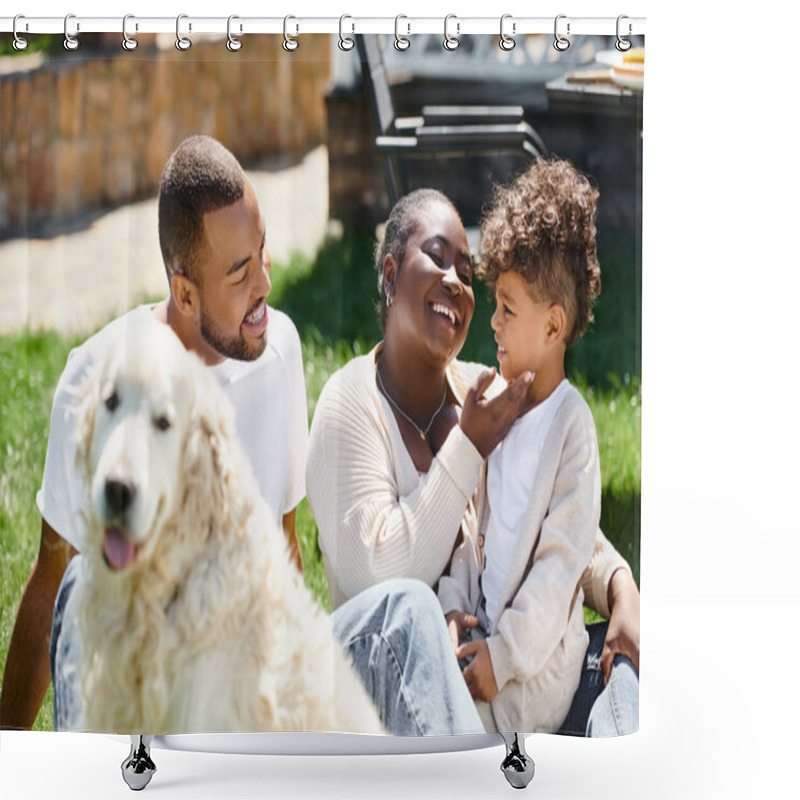 Personality  Family Portrait Of Cheerful African American Family Smiling And Sitting On Lawn Near Dog Shower Curtains