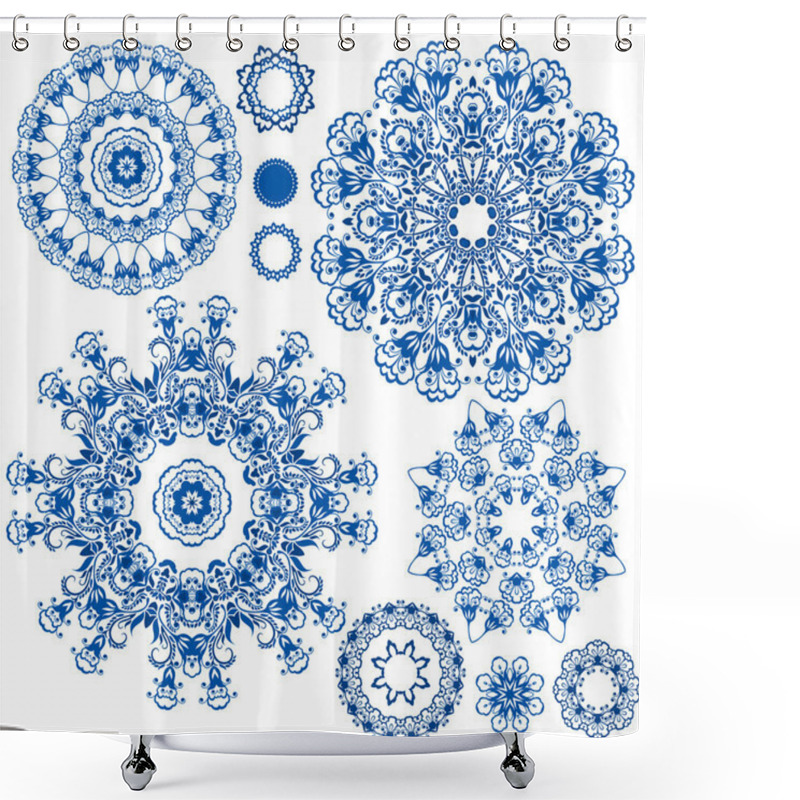 Personality  Set Of  Blue Floral Circle Patterns. Background In The Style Of  Shower Curtains