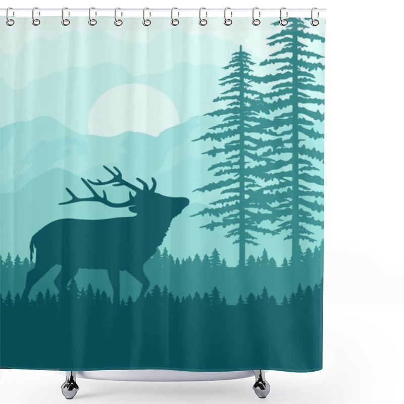 Personality  MODERN FLAT DESIGN BACKGROUND NATURAL LANDSCAPE PINETREE JUNGLE FOREST IN SUNRISE SUNSET SILHOUETTE Shower Curtains