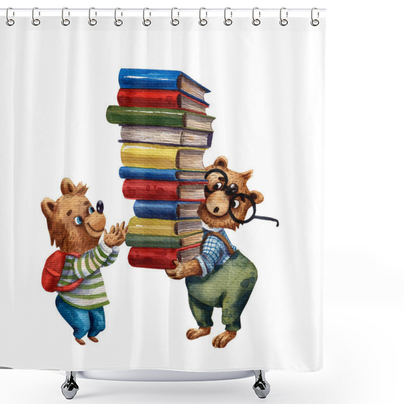 Personality  Watercolor Illustration Of Cute Bears. Pupil Characters. Elementary School Illustration. Cartoon Style. School Stuff. Drawing Book Illustration. Little Clever Boy With Books. Children Library. Shower Curtains