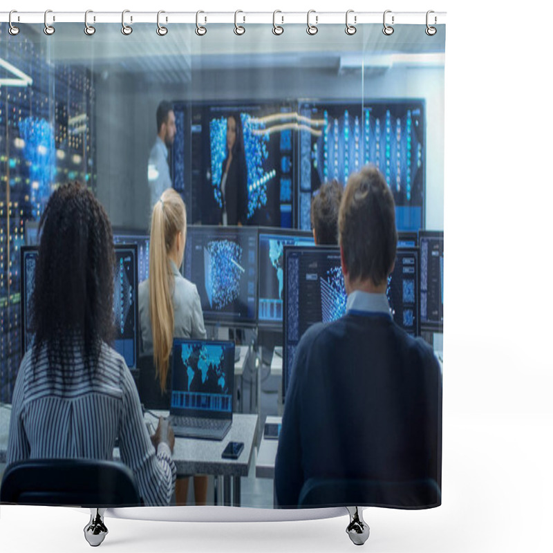 Personality  Multi-Ethnic Team Of Research Engineers, Neural Network Architects, Programmists Working On A Machine Learning, Neural Network Building Project. Office Displays Show Working Model Of Neural Network. Shower Curtains