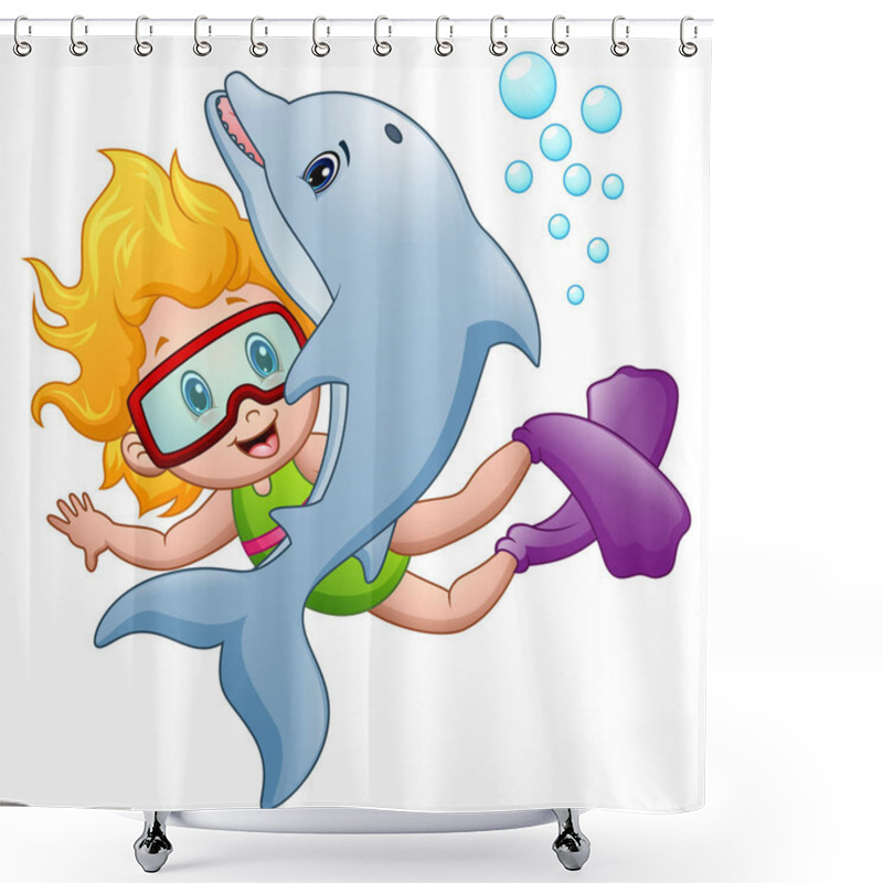 Personality  Happy Snorkeling Girl With A Dolphin Shower Curtains