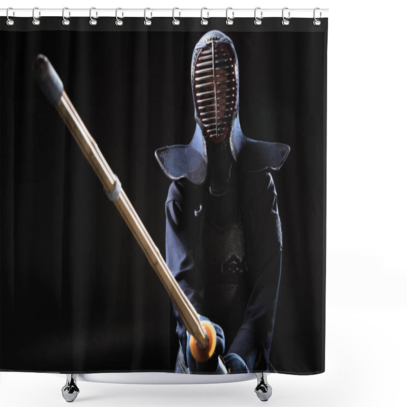 Personality  Kendo Fighter In Helmet Holding Bamboo Sword On Black Shower Curtains