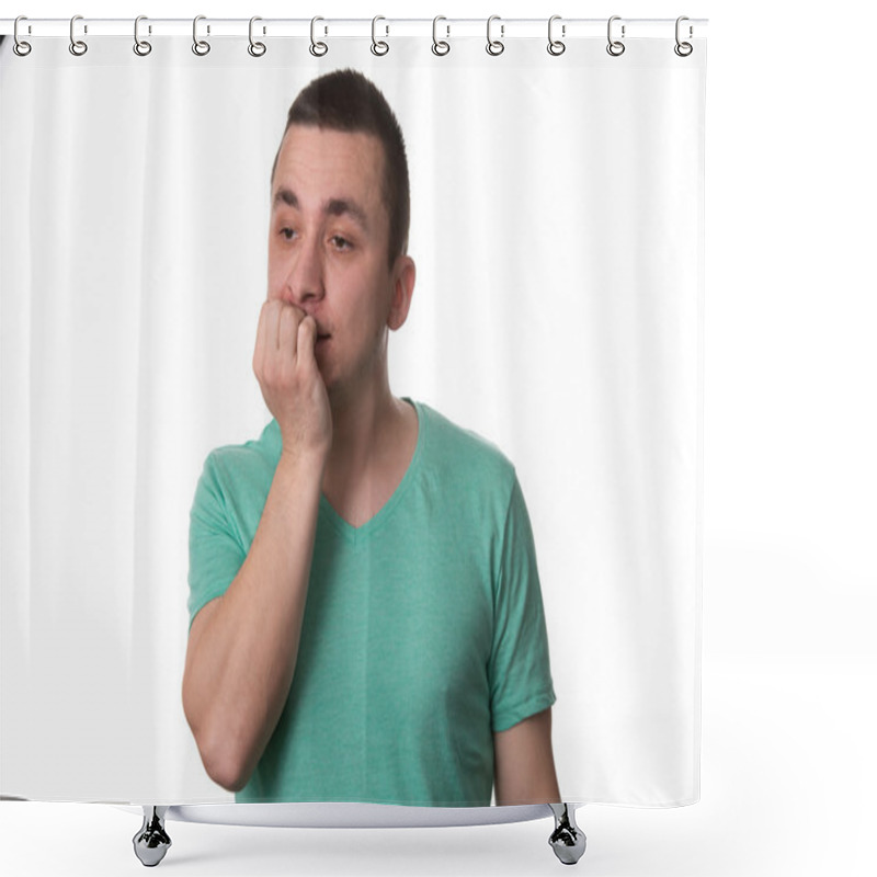 Personality  Portrait Of Thinking Man With Fingers In Mouth Shower Curtains