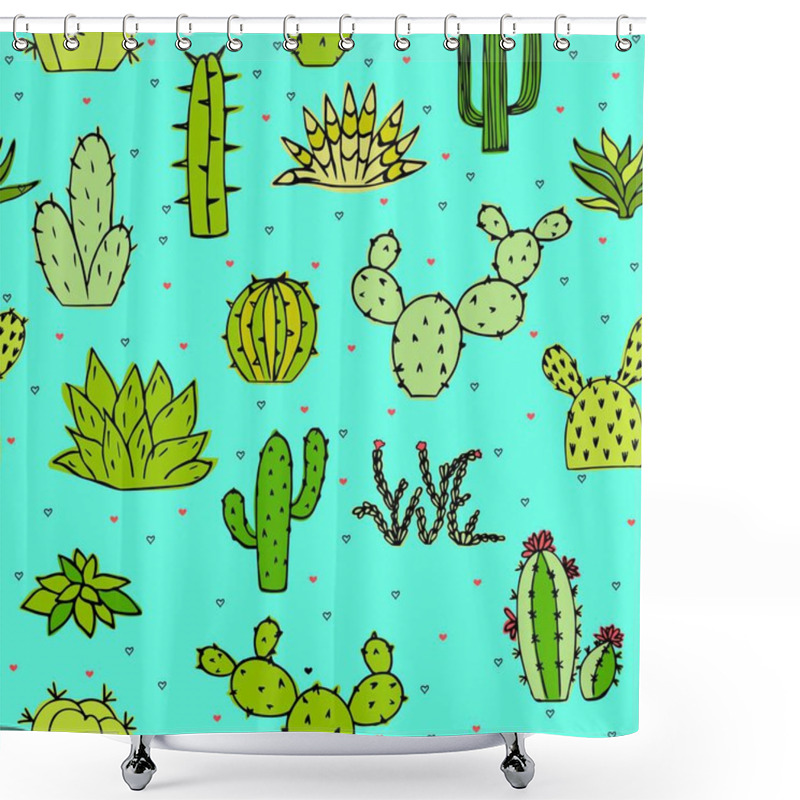 Personality  Seamless Cactus And Succulents Doodles Illustration. Can Be Used Elements Design And Fabric. Bright Youth Pattern With Heart. Shower Curtains