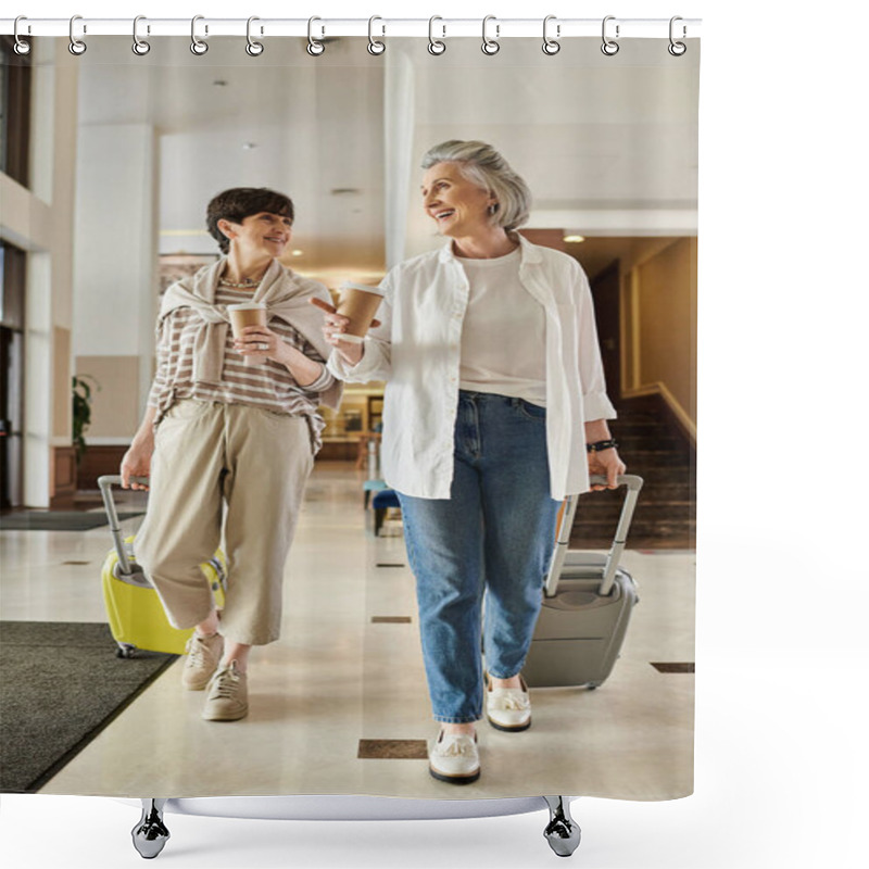 Personality  Two Senior Lesbian Partners Stroll Through An Airport With Their Luggage. Shower Curtains