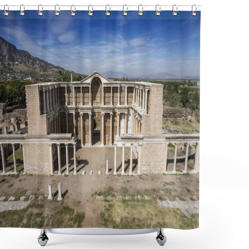 Personality  Aerial View With Drone; Sardes (Sardis) Ancient City Which Has Gymnasium And Synagogue Ruins And Columns In Manisa, Turkey. Shower Curtains