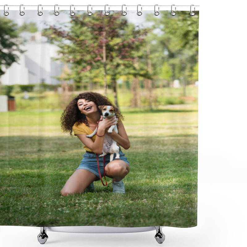 Personality  Selective Focus Of Young Woman Holding Jack Russell Terrier Dog And Laughing Shower Curtains