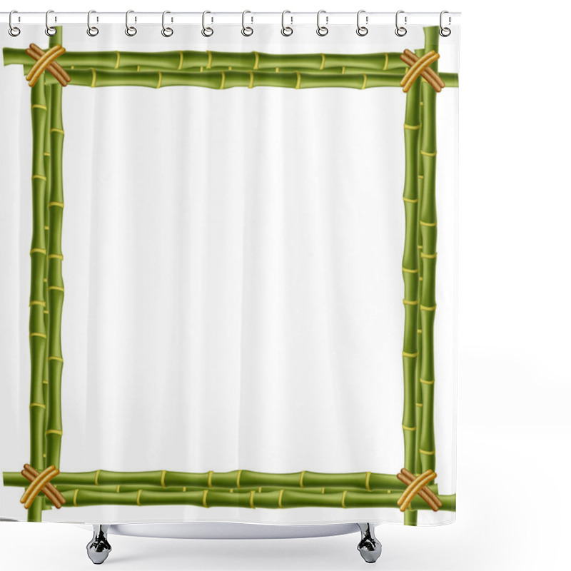 Personality  Wooden Frame Made Of Green Bamboo Sticks  With Space For Text Or Image.  Mockup, Clip Art, Border, Template, Photo Frame Isolated On White Background. Shower Curtains