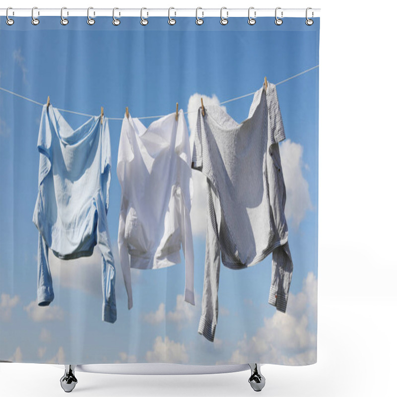 Personality  Clean Clothes Hanging On Washing Line Against Sky. Drying Laundry Shower Curtains