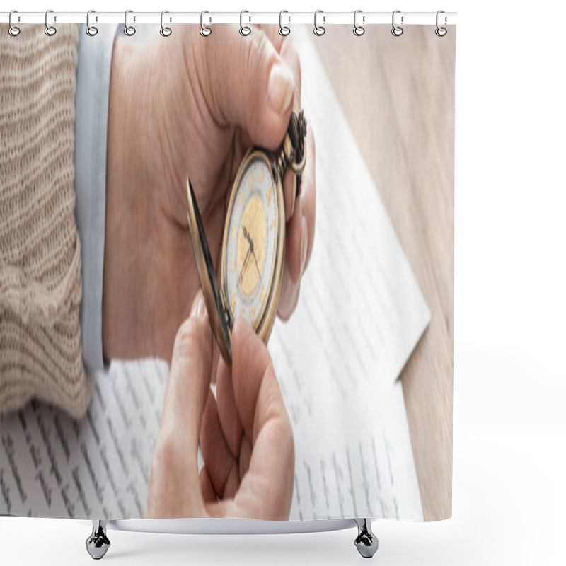 Personality  Panoramic Shot Of Senior Man Holding Pocket Watch Near Papers With Letters  Shower Curtains