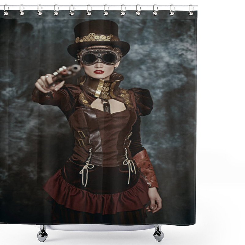 Personality  Confident Girl Aims A Gun At The Camera Against The Background Of Grunge. Steampunk Concept.  Shower Curtains