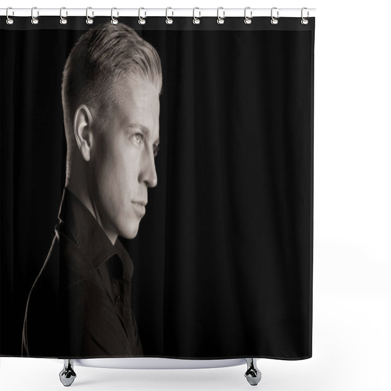 Personality  Black And White Profile Portrait Of Attractive Man, Low Key. Shower Curtains