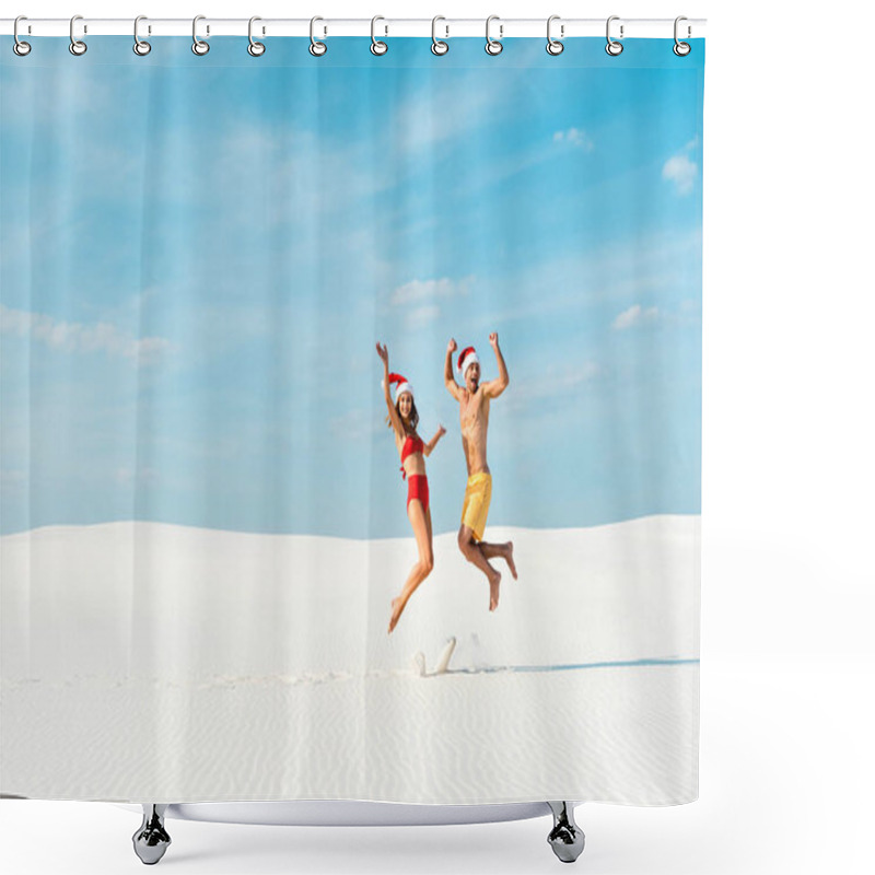 Personality  Sexy Girlfriend And Boyfriend In Santa Hats Jumping On Beach In Maldives  Shower Curtains