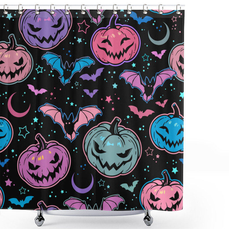 Personality  Seamless Pattern Of Bright Haloween Pumpkins And Bats Shower Curtains