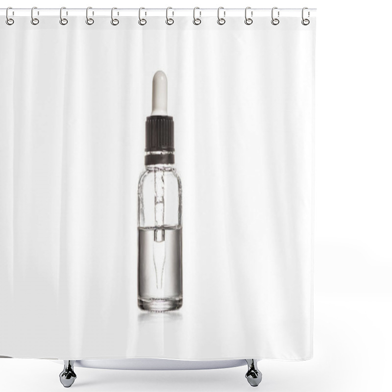 Personality  Studio Shot Of Glass Bottle With Pipette Isolated On White Shower Curtains