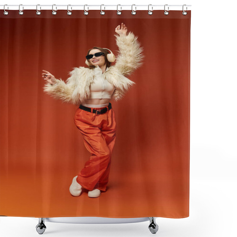 Personality  A Vibrant Woman Dances Stylishly In Trendy Winter Clothes, Radiating Cheerfulness. Shower Curtains