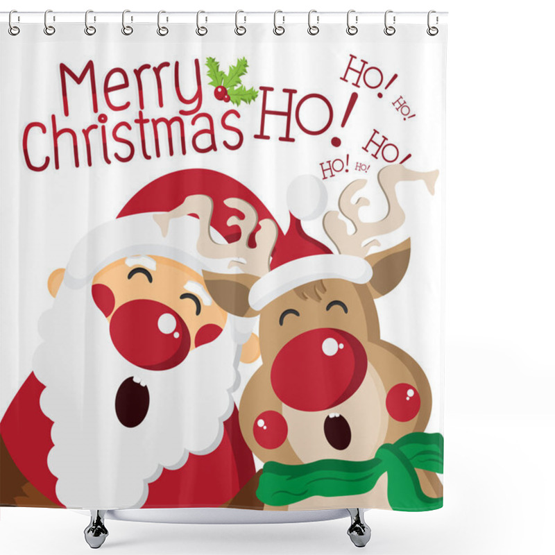 Personality  Happy Santa Claus Singing With Cute Reindeer,cartoon Characters For Christmas Greeting,Happy New Year Concept,design For Card And Poster,Vector Illustration. Shower Curtains