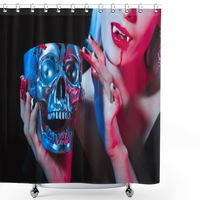 Personality  Cropped View Of Vampire Holding Metal Skull With Blood Isolated On Black Shower Curtains