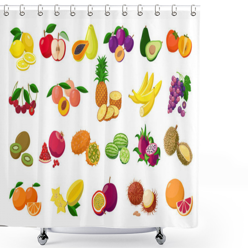 Personality  Large Fruit Collection Detailed Vector Illustrations Isolated On White Background. Juicy Pitaya, Durian, Carambola, Kiwano, Rambutan, Cucamelon, Pomelo, Fingered Citron, Passion Fruit, Peaches, Lemon. Shower Curtains