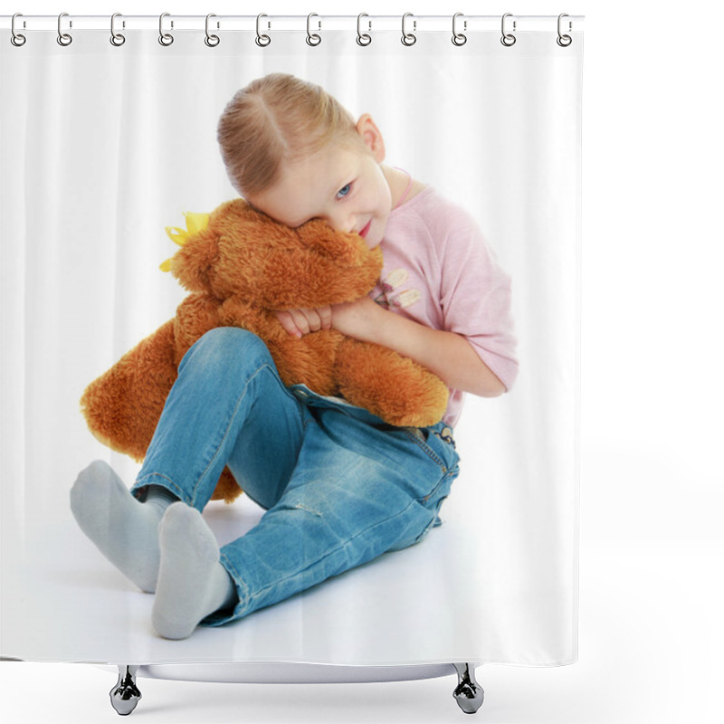 Personality  Little Girl Hugging A Teddy Bear. Shower Curtains