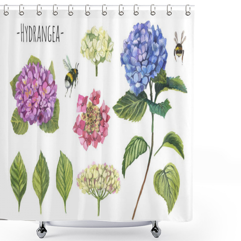 Personality  Watercolor White, Green,pink And Blue Hydrangea Set. Hand Painted Flowers With Leaves And Branch Isolated On White Background. Shower Curtains