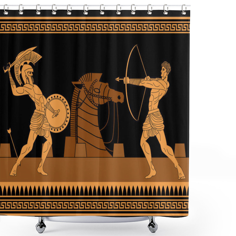 Personality  Orange And Black Figures Pottery Amphora Painting Of Troy War With Achilles Fighting Shower Curtains