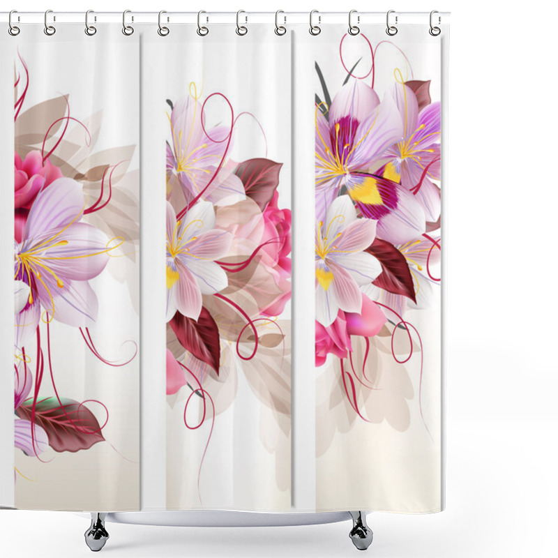 Personality  Set Of Three Vertical Floral Banners For Your Design Shower Curtains