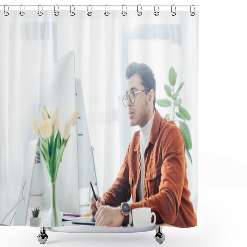 Personality  Side View Of Ux Designer Working With Computer And Graphics Tablet On Table In Office  Shower Curtains