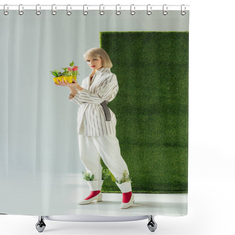 Personality  Beautiful Stylish Girl Looking At Camera While Holding Flower Pots On Grey With Green Grass  Shower Curtains