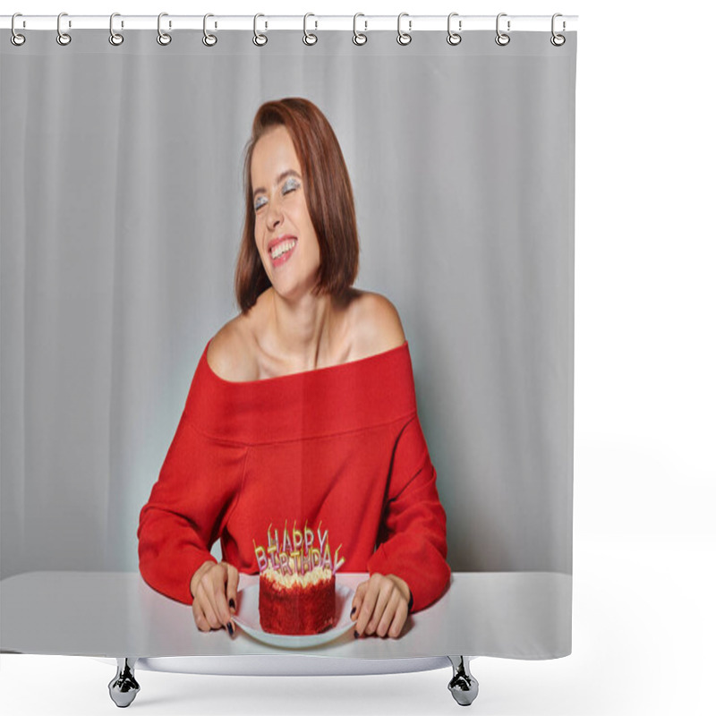 Personality  Euphoric Woman In Red Attire Near Bento Cake With Happy Birthday Candles On Grey Background Shower Curtains