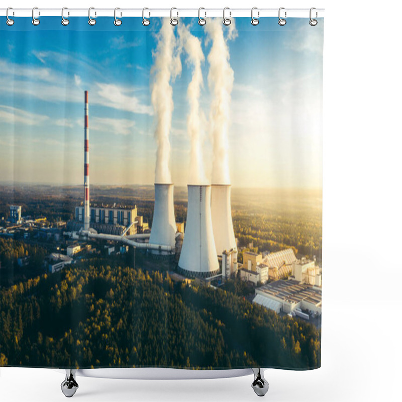 Personality  A Power Plant With White Smoke Over Its Chimneys Shower Curtains