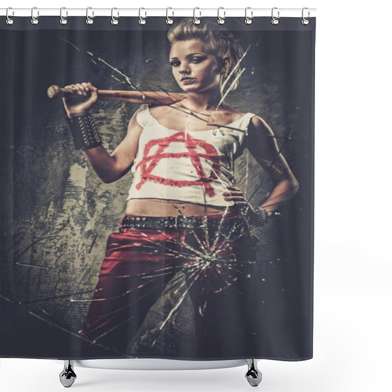 Personality  Punk Girl Behind Broken Glass With A Baseball Bat Shower Curtains