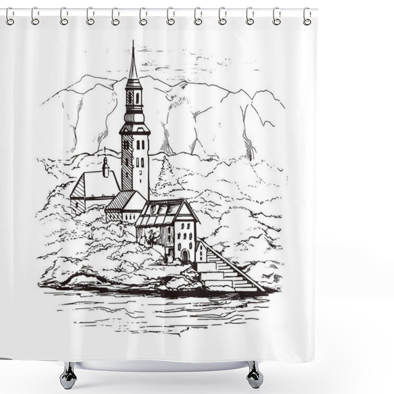 Personality  Bled With Lake, Island, Castle And Mountains In Background, Slovenia, Europe.City With Houses And Water, Drawn In Sketch Style.Cityscape. Shower Curtains