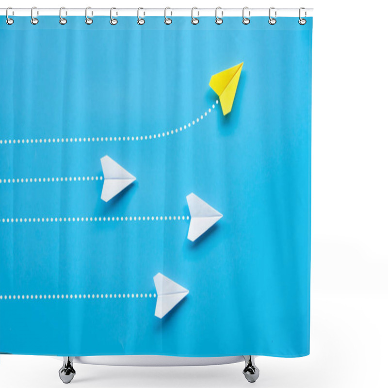 Personality  Top View Of Paper Airplane - Yellow Paper Airplane Origami Flying To A Different Direction Leaving Other White Airplanes On Blue Background. Shower Curtains