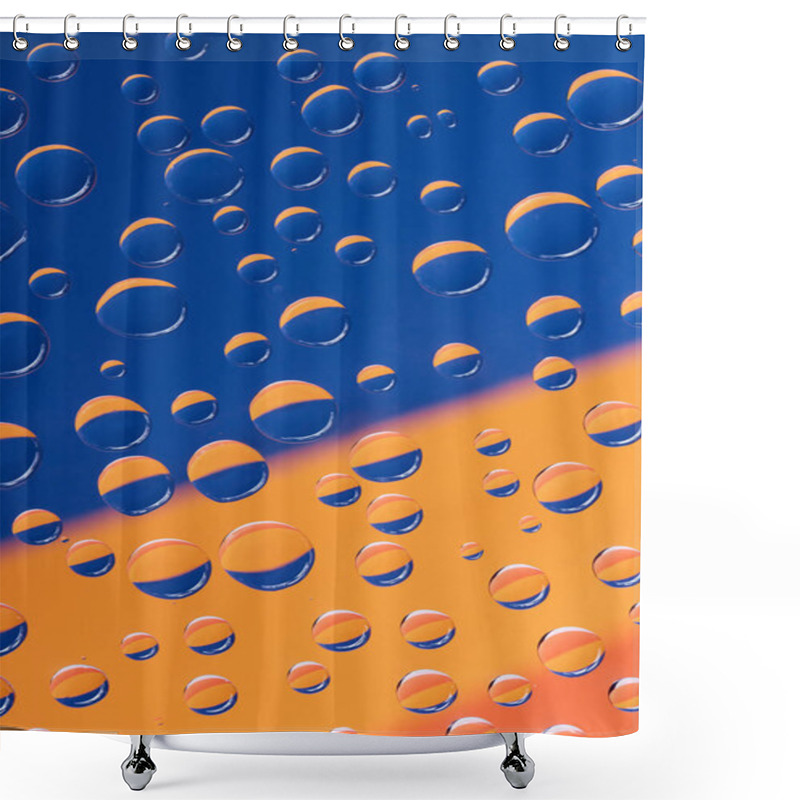 Personality  Close-up View Of Transparent Water Drops On Blue And Orange Abstract Background Shower Curtains