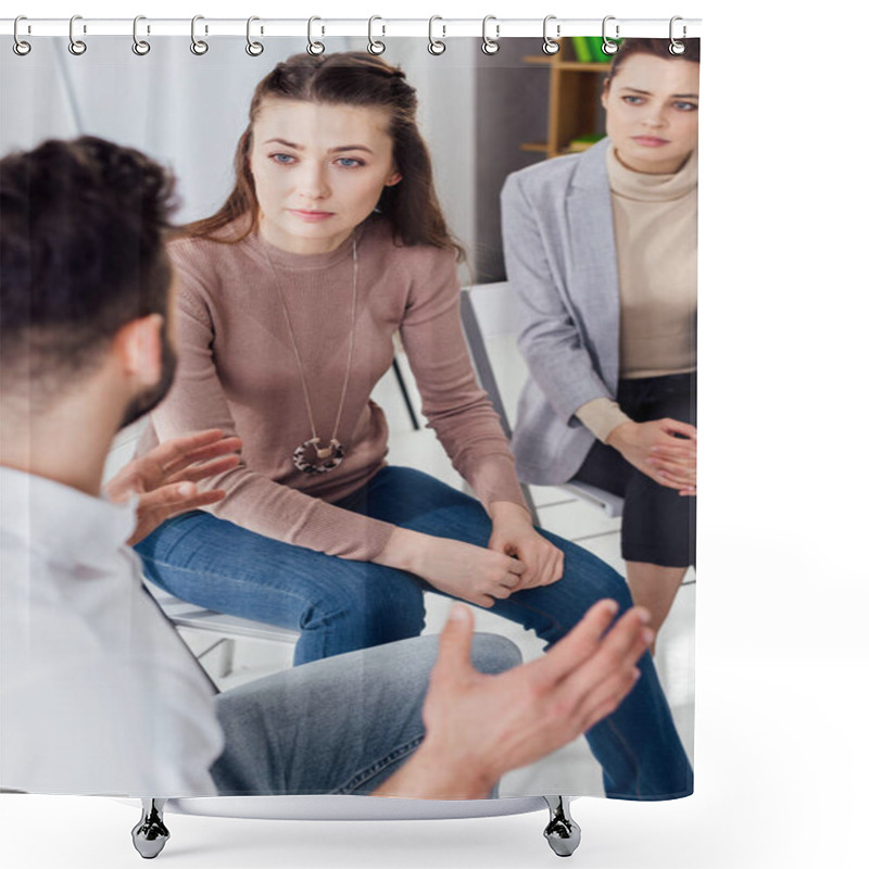 Personality  Women And Man Sitting And Having Discussion During Group Therapy Session Shower Curtains