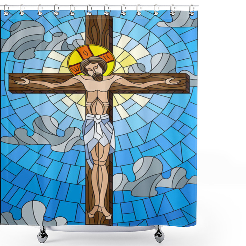 Personality  Illustration In Stained Glass Style On The Biblical Theme, Jesus Christ On The Cross Against The Cloudy Sky And The Sun Shower Curtains