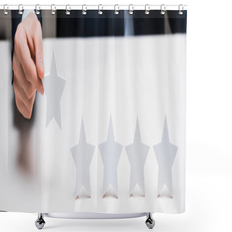 Personality  Panoramic Shot Of Businessman Holding Star, Quality Concept  Shower Curtains