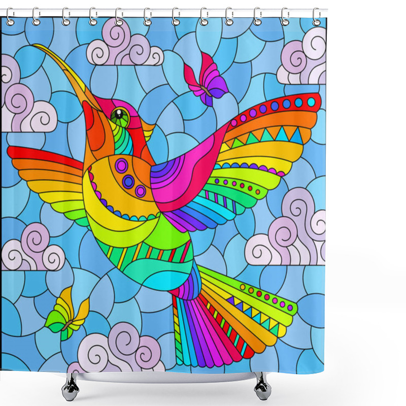 Personality  An Illustration In The Style Of A Stained Glass Window With A Bright Cartoon Hummingbird Bird On A Background Of Blue Sky And Clouds Shower Curtains