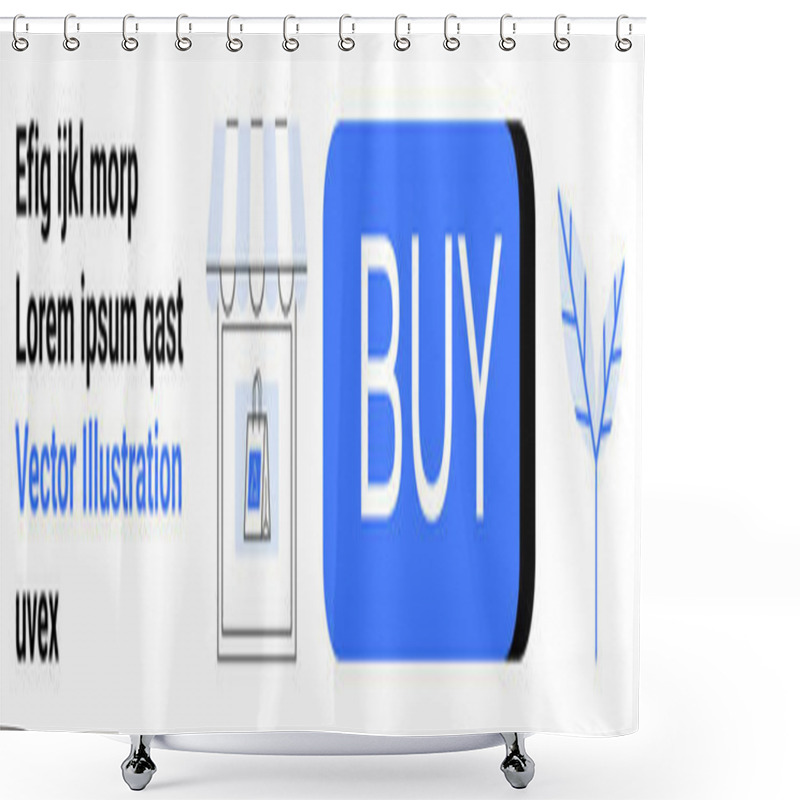 Personality  Storefront With Awning, Shopping Bag Inside Framed Square, Large BUY Button In Blue, Text Snippets. Ideal For Online Shopping, Retail, E-commerce, Digital Sales, User Interface, Promotional Ads, Web Shower Curtains