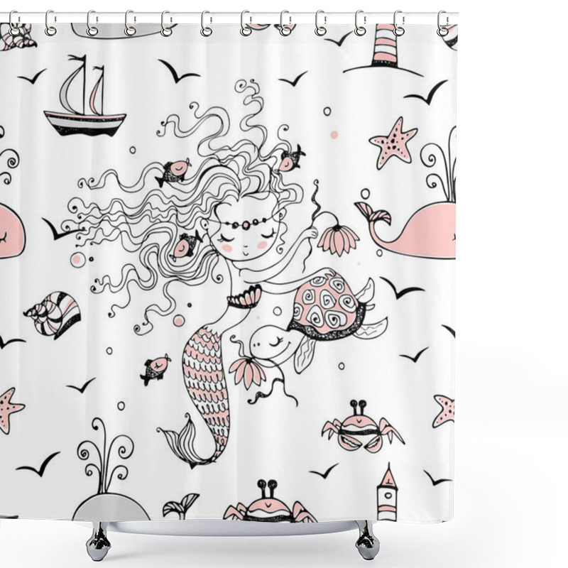 Personality  Seamless Pattern With Cute Little Mermaids. Vector. Shower Curtains